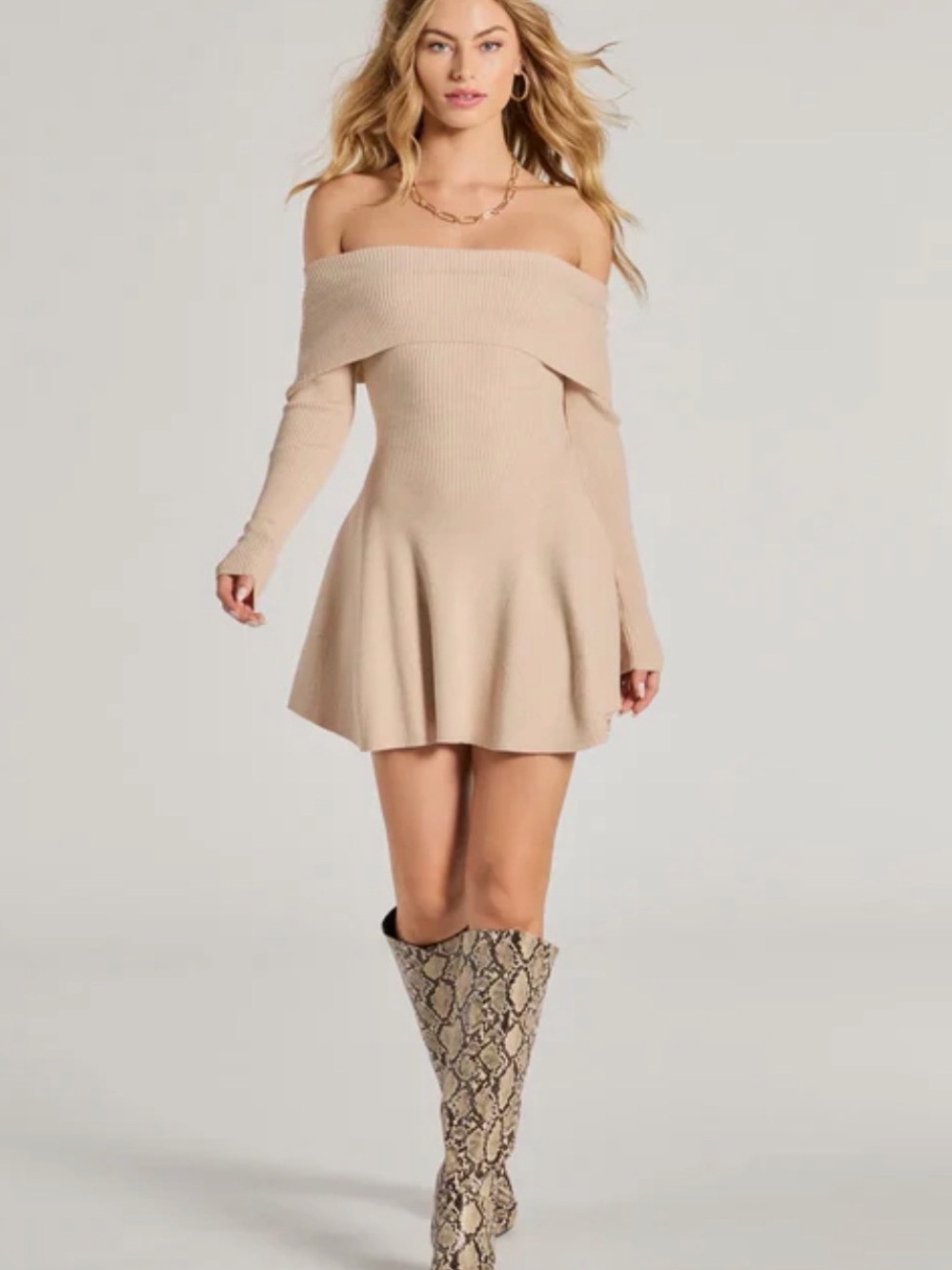 Windsor Beige Off-Shoulder Knit Mini Dress
